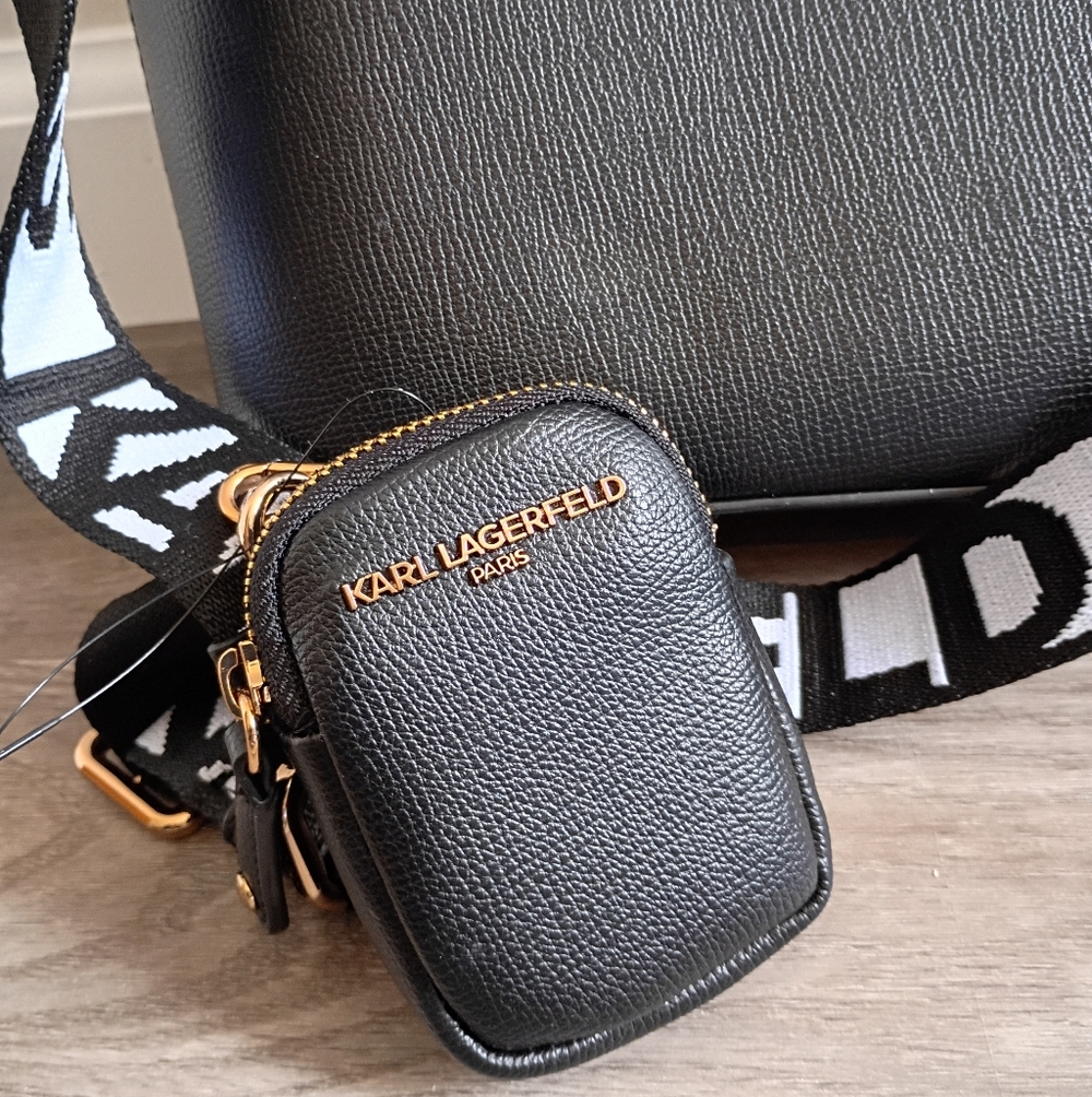 NWT Karl Lagerfeld Paris Black Vegan Leather Maybelle Charm Tote Crossbody Bag - Picture 10 of 10